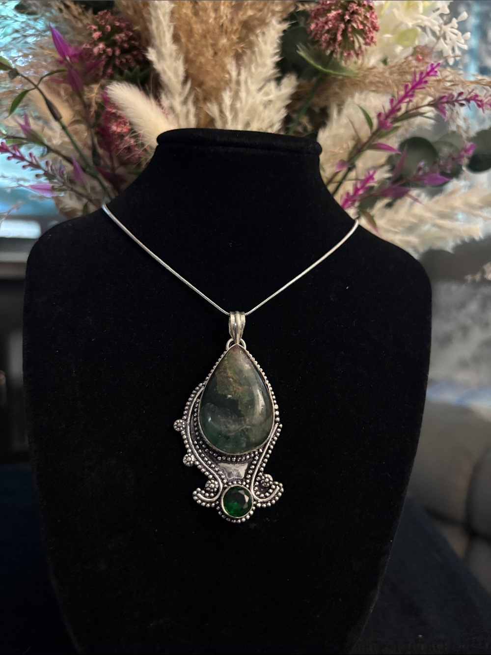 Sterling Silver Flourite Green Quartz Teardrop Gemstone Necklace